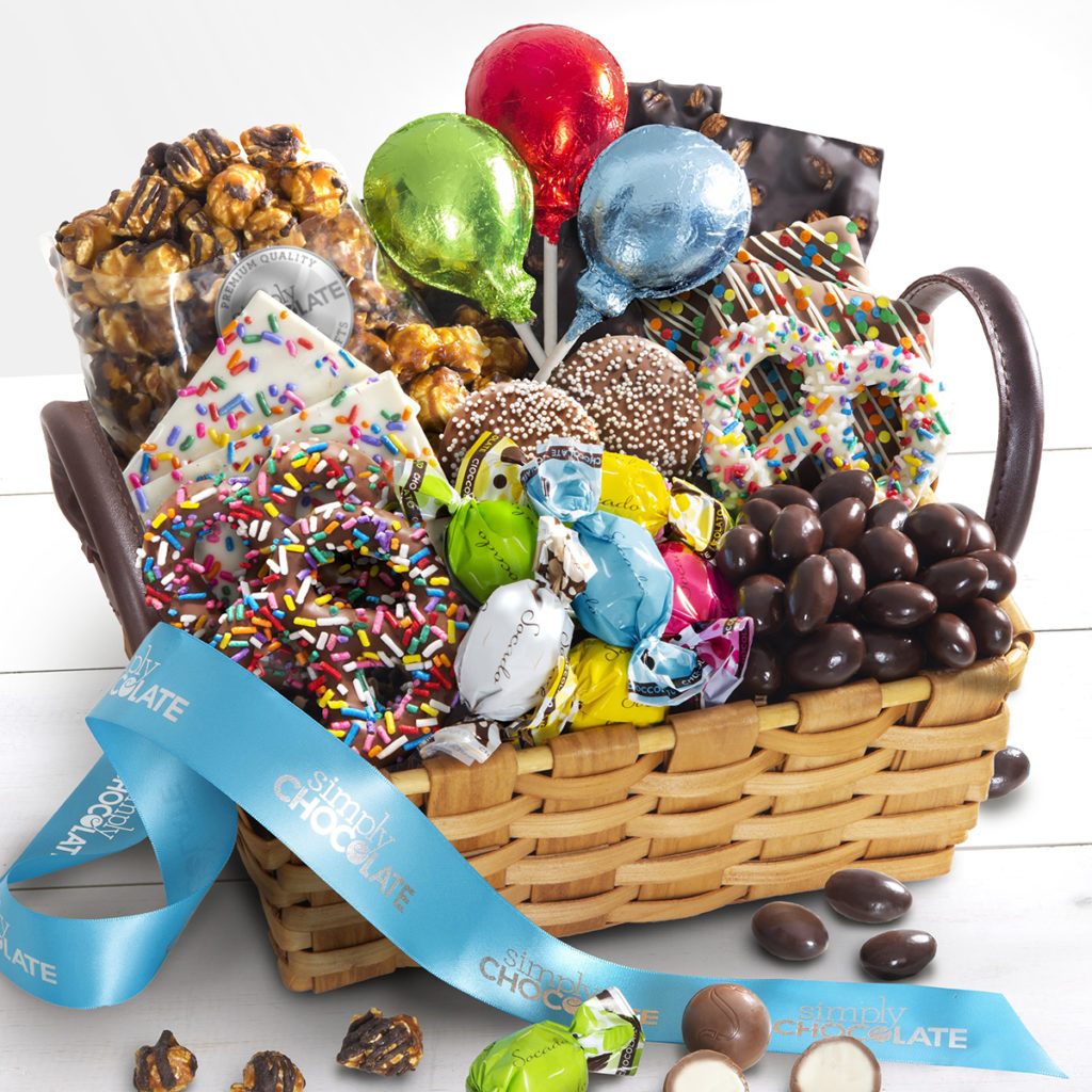 Photo of a birthday gift basket filled with sweets