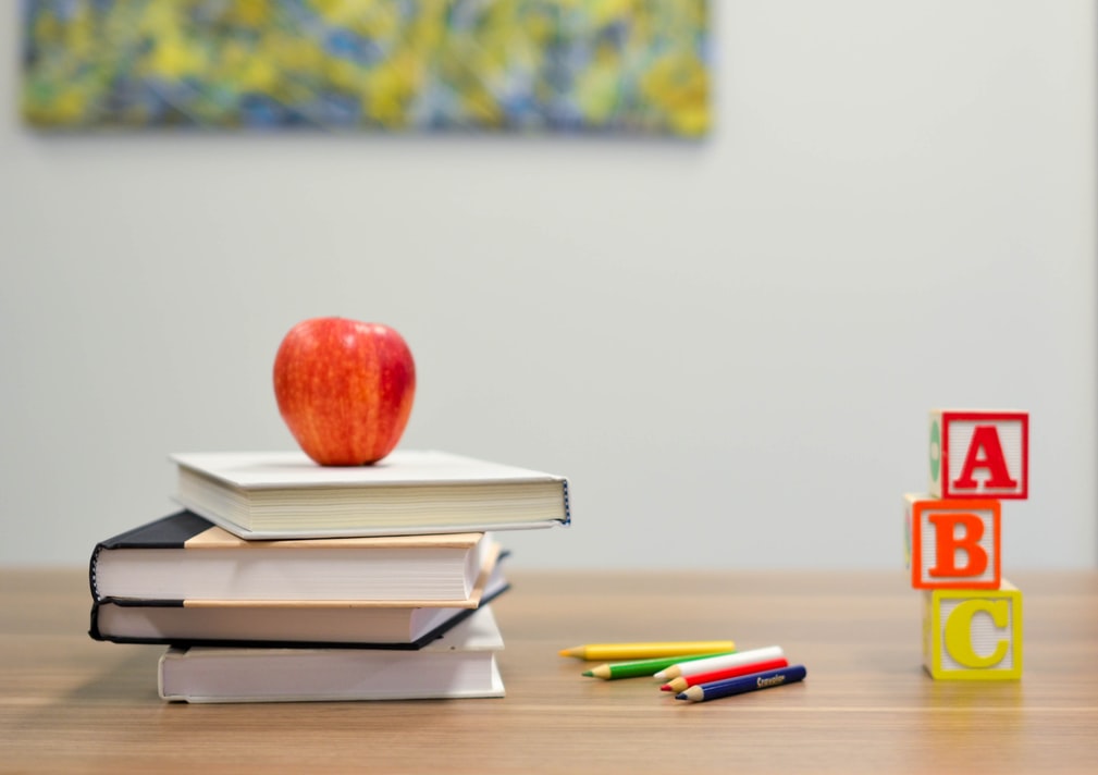 Photo of schoolbooks and letter blocks