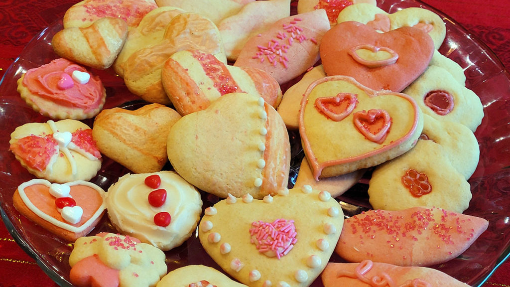 valentine's cookie decorating: tray of cookies