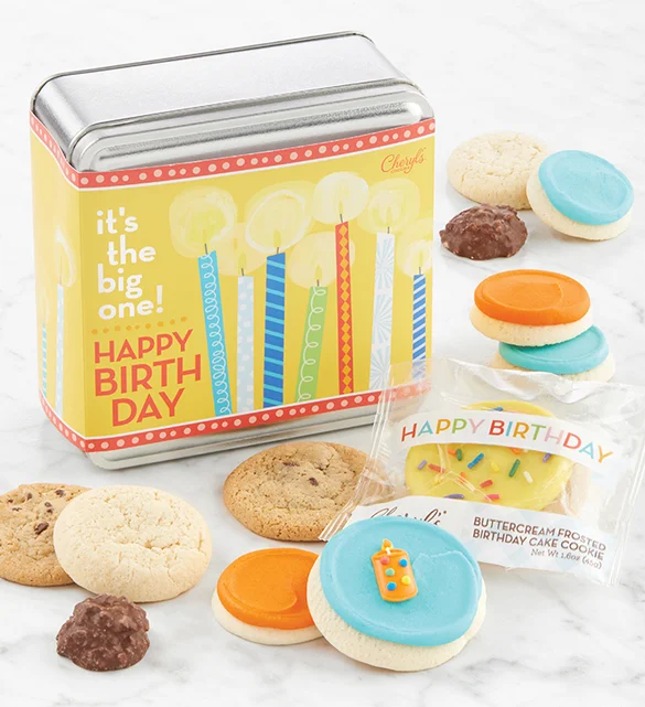 https://www.cheryls.com/blog/wp content/uploads///milestone birthday gifts with Big One Birthday Mini Treats Gift Tin