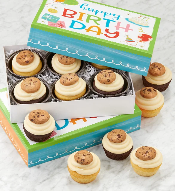 https://www.cheryls.com/blog/wp content/uploads///milestone birthday gifts with Buttercream Frosted Chocolate Vanilla Birthday Cupcakes